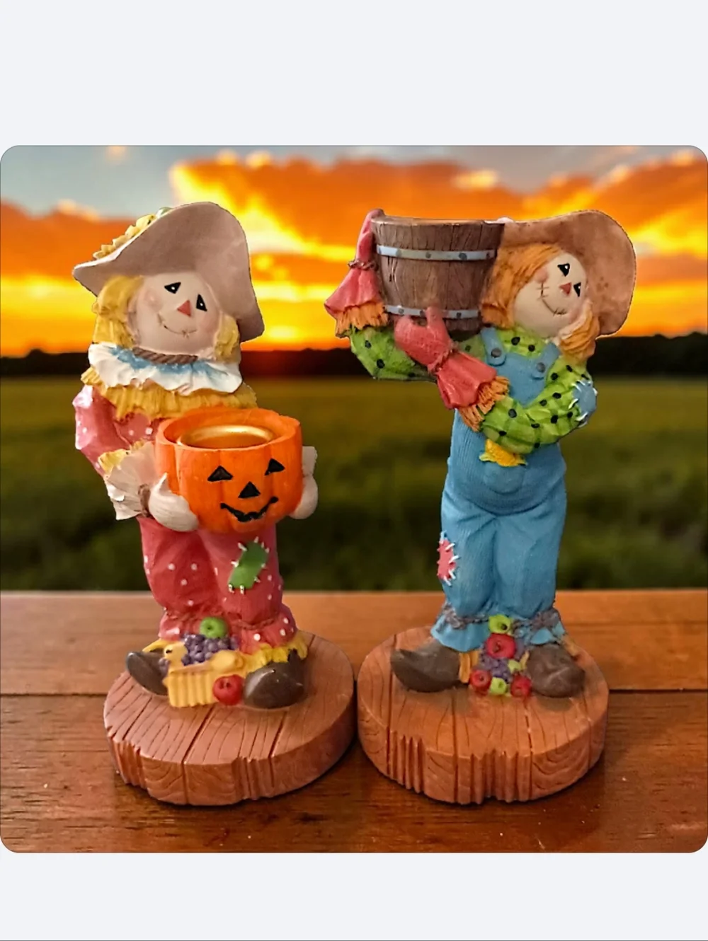 2 Vtg Scarecrow Candle Holders Resin Fall Thanksgiving Decor‎ Halloween Autumn